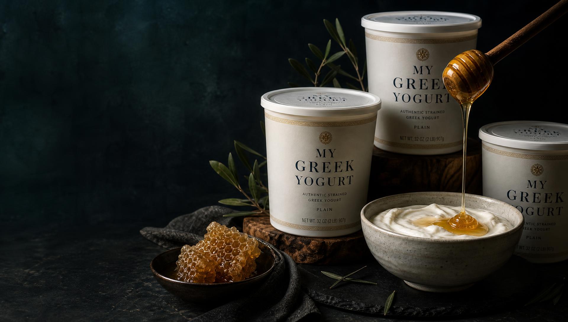 Tubs of MY GREEK YOGURT strained yogurt with honey and olive branches